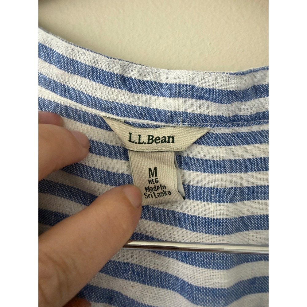 L.L. Bean Linen Tunic Blouse M Blue White Striped Split V-Neck 504808 - Picture 6 of 11